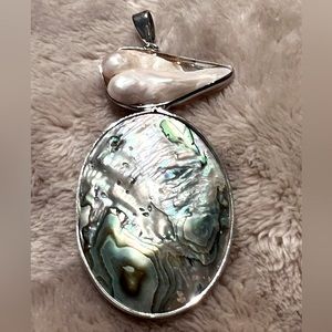 Large Blue Muscle Shell and Mabe Pearl Pendant set in Sterling Silver Charm